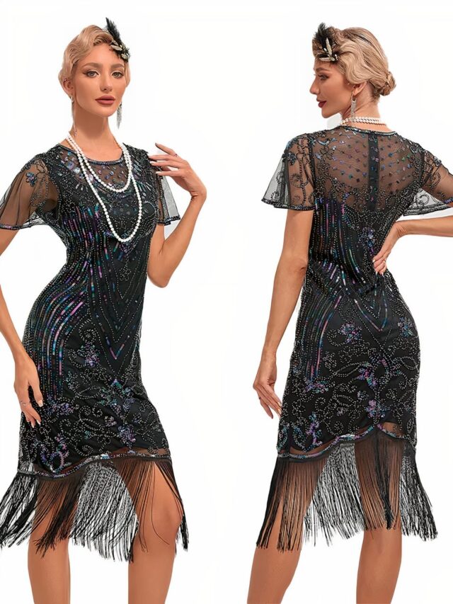 Robe années 20 encolure et manches en voile transparent