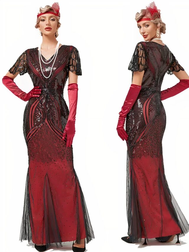 Photo d'une jeune femme de face et de trois quart dosen robe longue style années 20 noire et rouge avec des longs gants rouge, un collier en perles blanches et un serre-tête rouge et blanc, le tout sur fond blanc