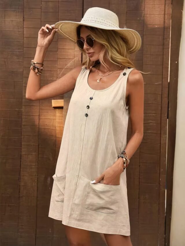 femme qui porte robe salopette beige avec un chapeau