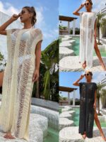 Femme en robe de plage ajourée de trois couleurs différentes, devant piscine