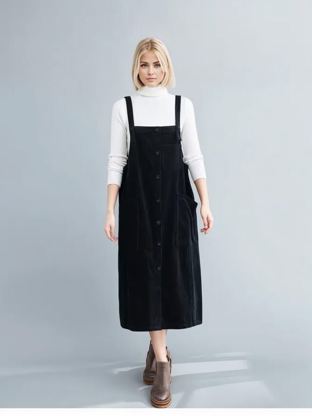 femme robe salopette noire avec sous-pull blanc