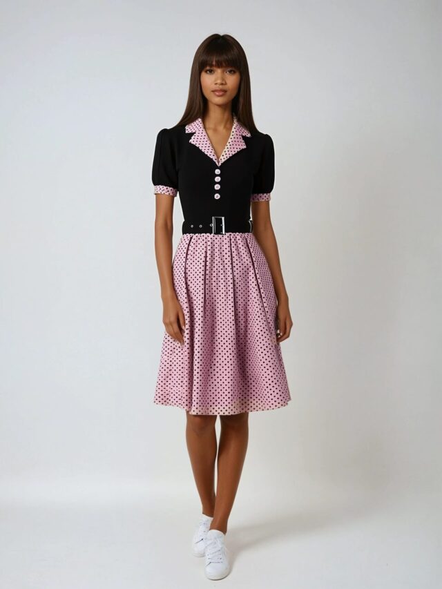 Photo d'une robe plissée années 50 à col, bords manches et jupon roses à pois noirs et haut noir, portée par une jeune femme brune sur un fond gris
