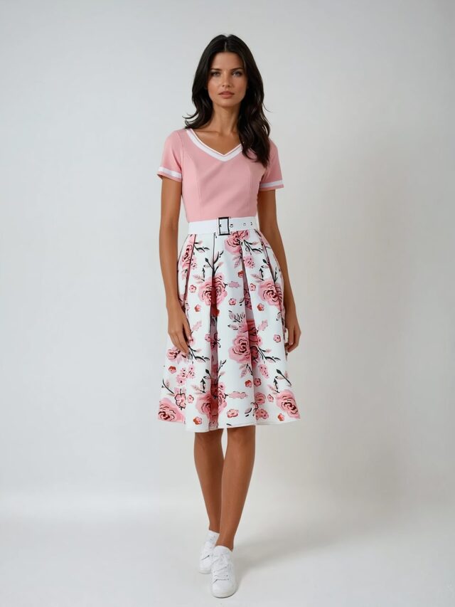 Photo d'une robe années 50 rose à imprimé fleuri portée par une jeune femme brune sur un fond gris