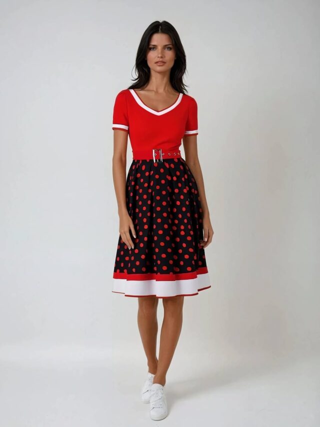 Photo d'une robe rouge et noire plissée à pois de style années 50 portée par une jeune femme brune sur un fond gris