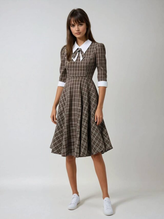 Photo d'une robe mi-longue années 60 marron à carreaux portée par une jeune femme brune sur un fond gris