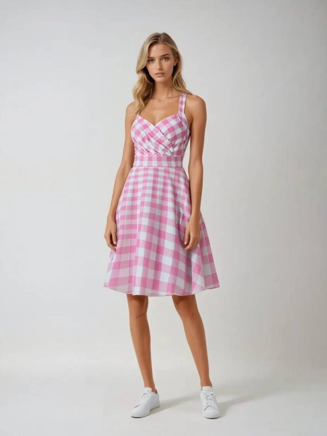 Photo d'une robe dos-nu en vichy rose portée par une jeune femme blonde sur un fond gris