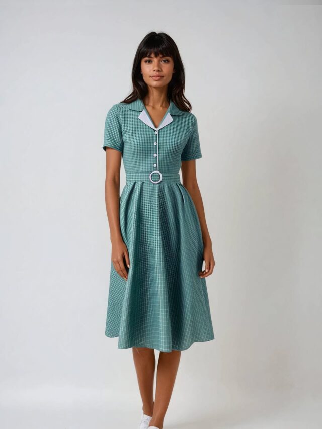 Photo d'une jeune femme portant une robe style années 60 verte à petits carreaux et col bicolore sur fons gris