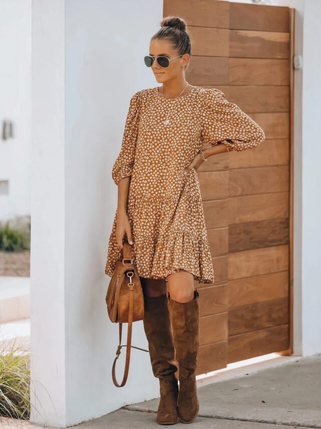 Photo d'une femme portant une robe bohème chic mi-saison à manches longues avec des botte.