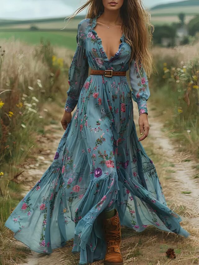 Robe bohème chic bleu à fleurs portée avec une ceinture marron, par une femme qui marche dans un chemin au milieu d'un champs.