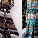 2 photo de femmes, portant une robe bohème longue boutonnée à motifs de différentes couleurs.