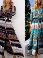 2 photo de femmes, portant une robe bohème longue boutonnée à motifs de différentes couleurs.