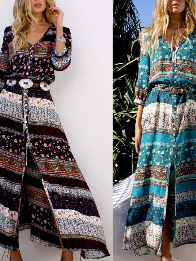2 photo de femmes, portant une robe bohème longue boutonnée à motifs de différentes couleurs.