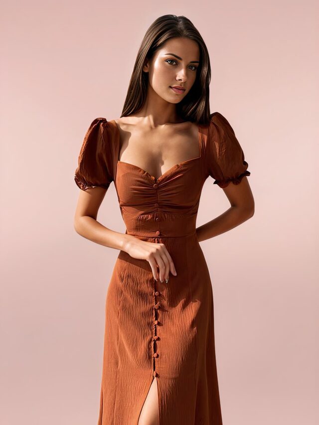 Photo d'une femme portant une robe Bridgerton boutonnée terracotta, près du corps
