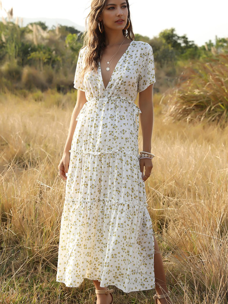 Robe champêtre en mousseline fleurie, taille ajustable • Robe chic