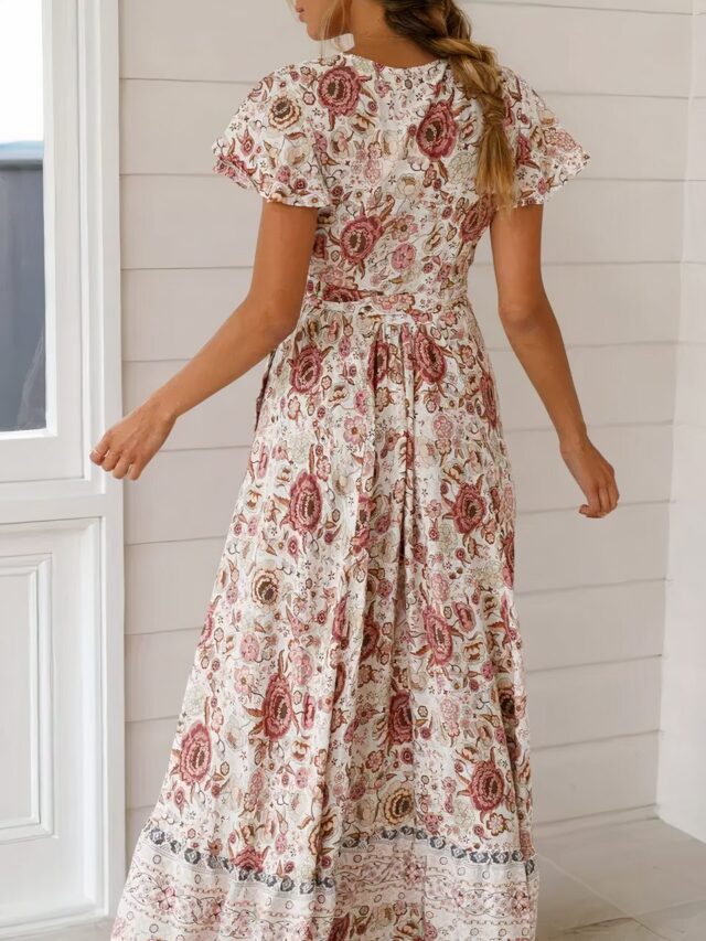 Robe champêtre fleurie style porte-feuille longue