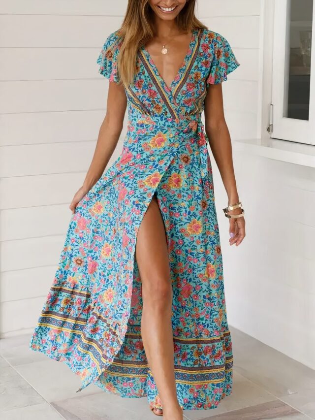 Robe champêtre fleurie style porte-feuille longue