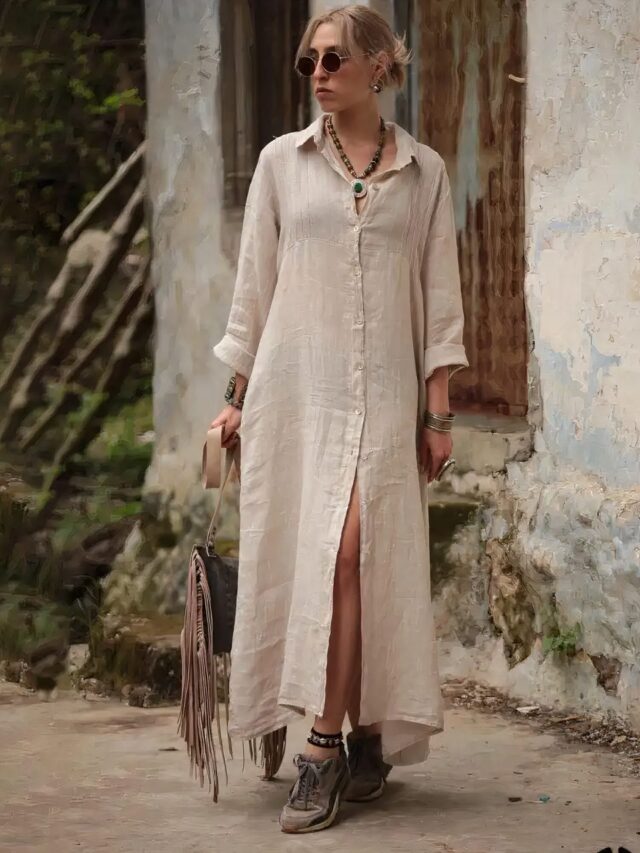 Femme blonde dans la rue qui porte une robe chemise extra longue
