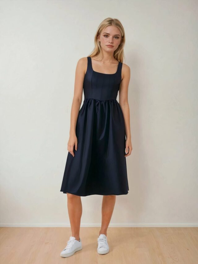 Femme portant une robe chic noir.