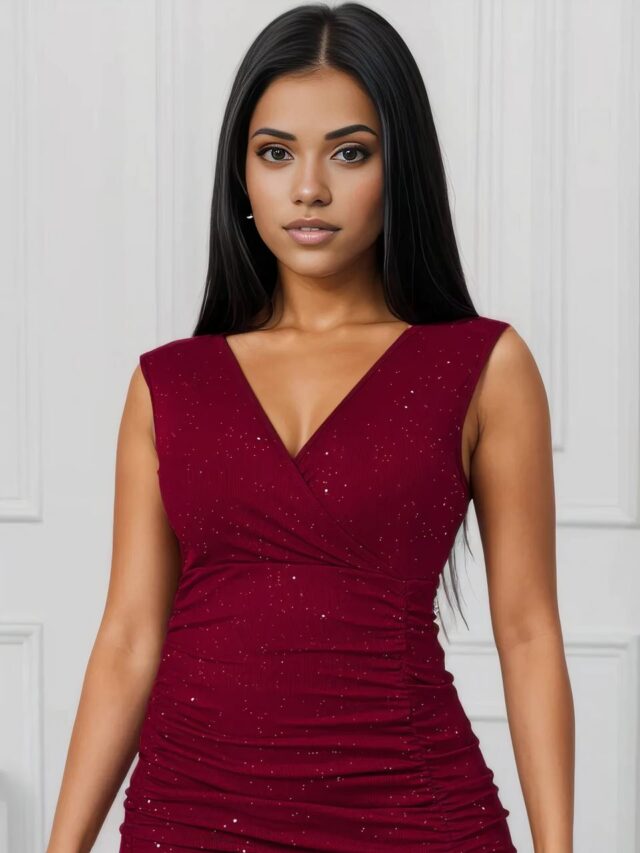 Femme portant une robe rouge de soirée.