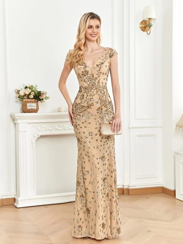 Femme portant une robe de soirée et se tenant dans une pièce.
