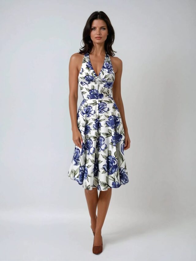 Photo d'une robe dos-nu années 50 bleu et blanche imprimé floral portée par une femme brune dsur un fiond gris