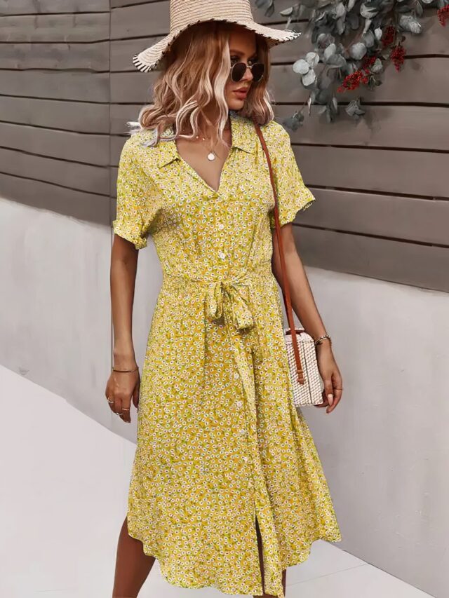 Robe fleurie mi-longue boutonnée