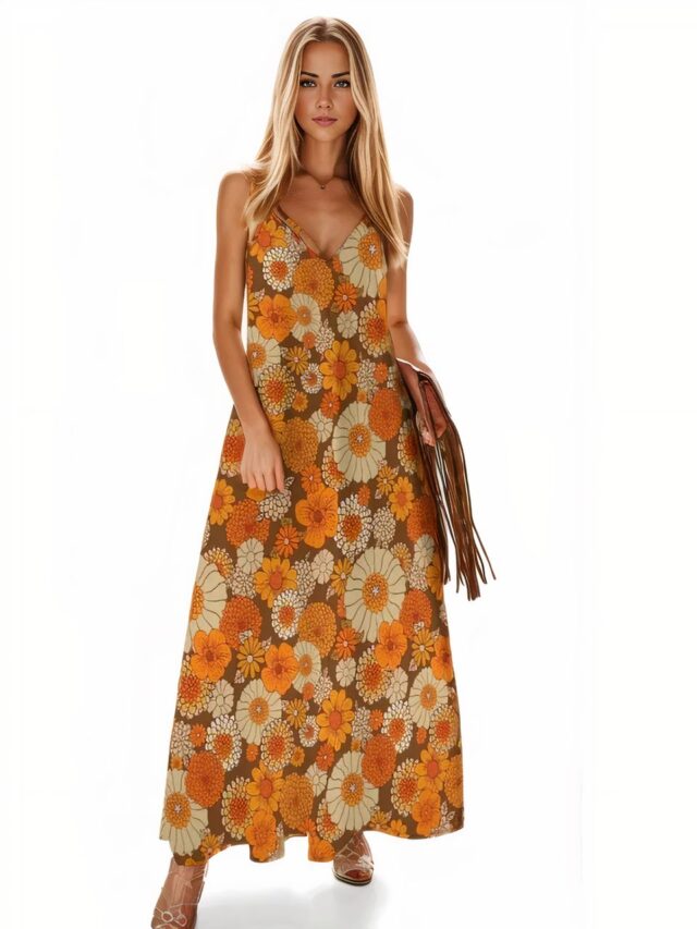 Photo d'une robe orange style années 70 portée par une jeune femme blonde sur un fond blanc