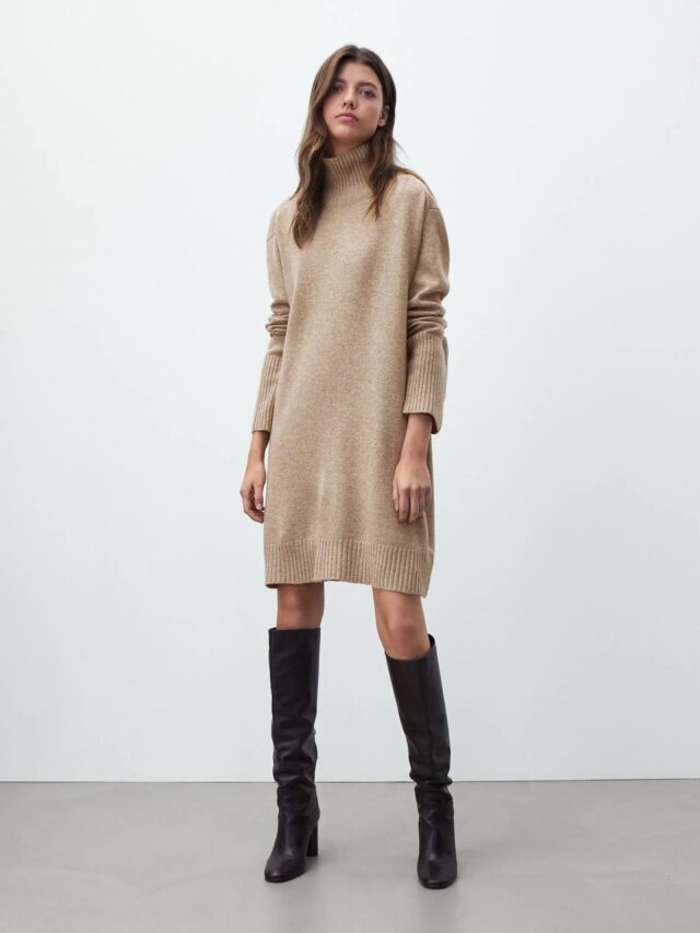 Robe pull droite beige élégante automne hiver