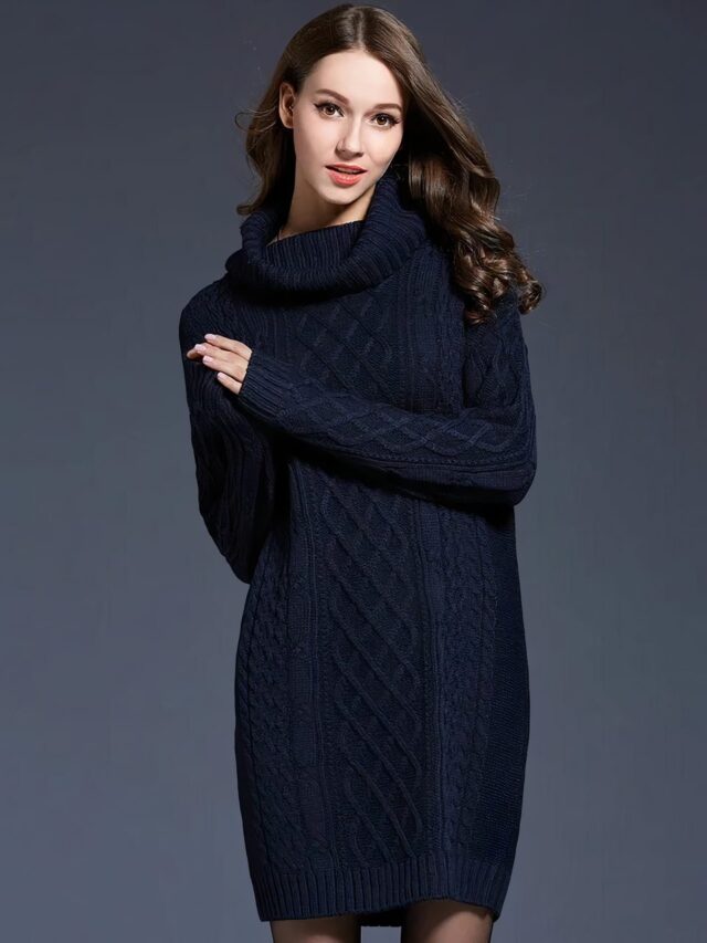 Robe pull midi effet tricot et col roulé pour femme