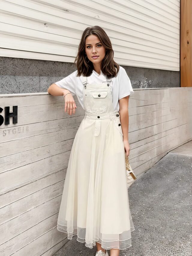 femme robe salopette blanche avec jupon