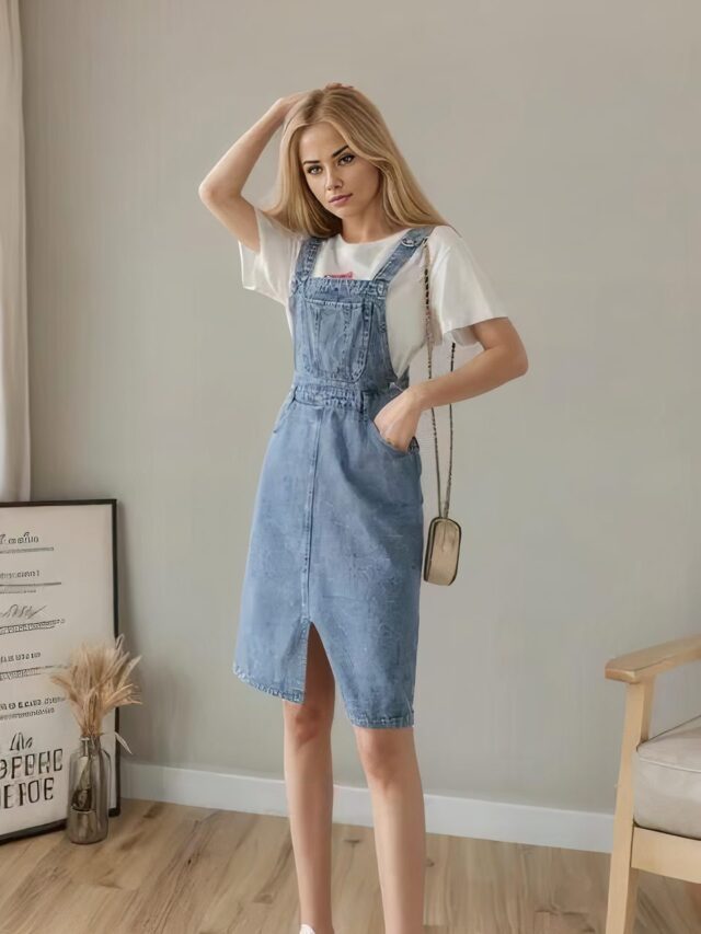 femme blonde robe salopette en jean dans un salon moderne en arriere plan