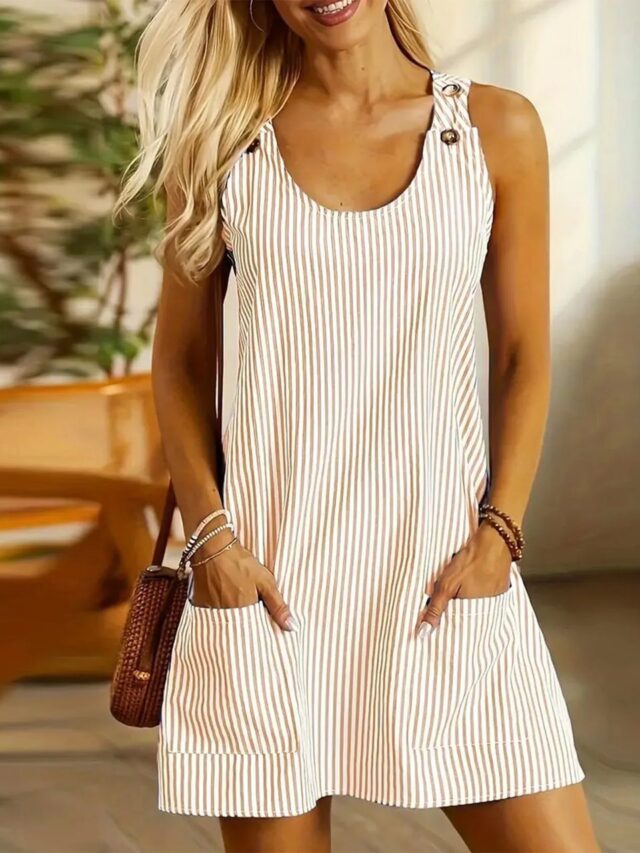 femme qui porte une robe salopette rayée