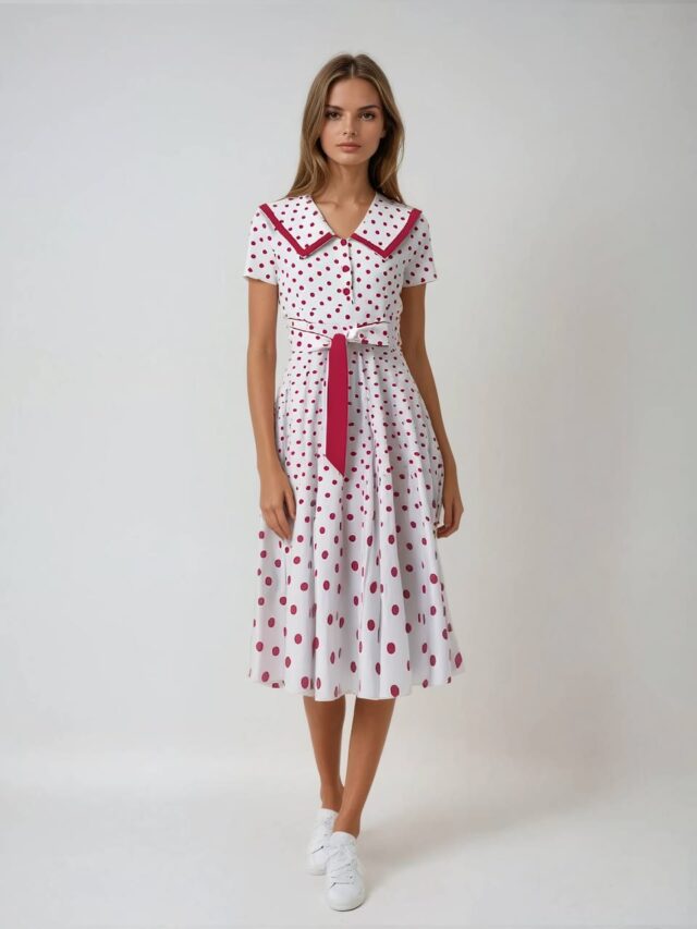 Photo d'une robe blanche à pois rouge vintage années 60 portée par une jeune femme blonde sur un fond gris