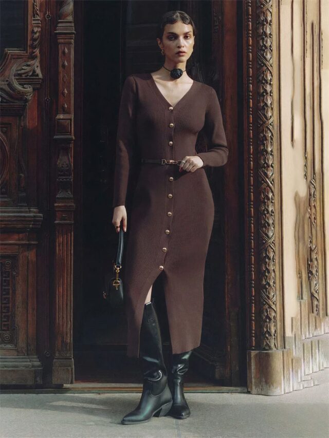 Robe vintage midi boutonnée en tricot