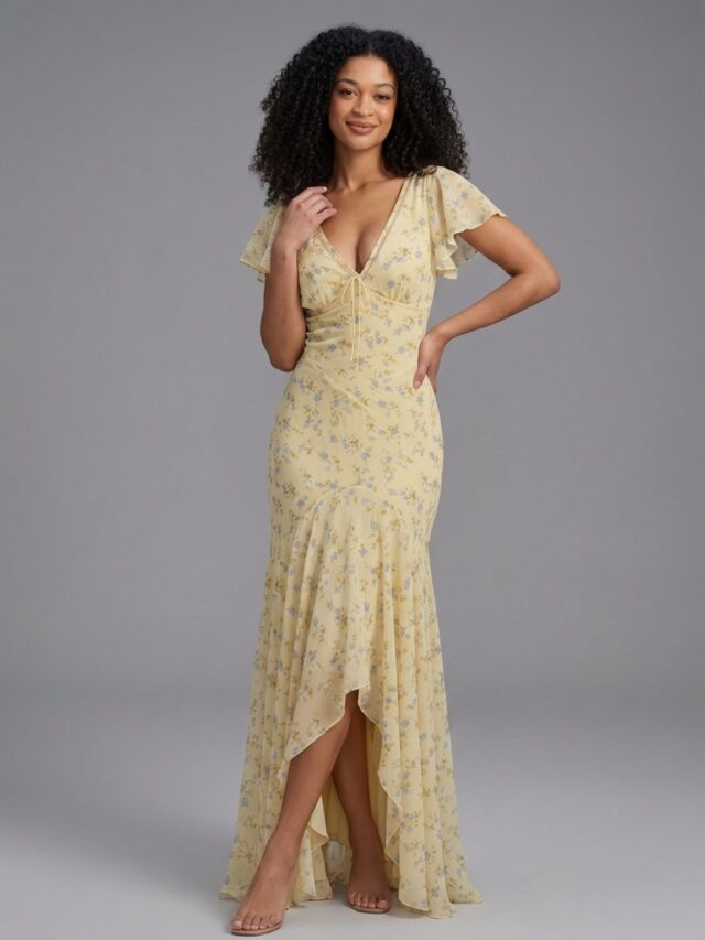 Photo studio d'une femme portant une robe jaune élégante à col V et motif fleuri, sur fond gris