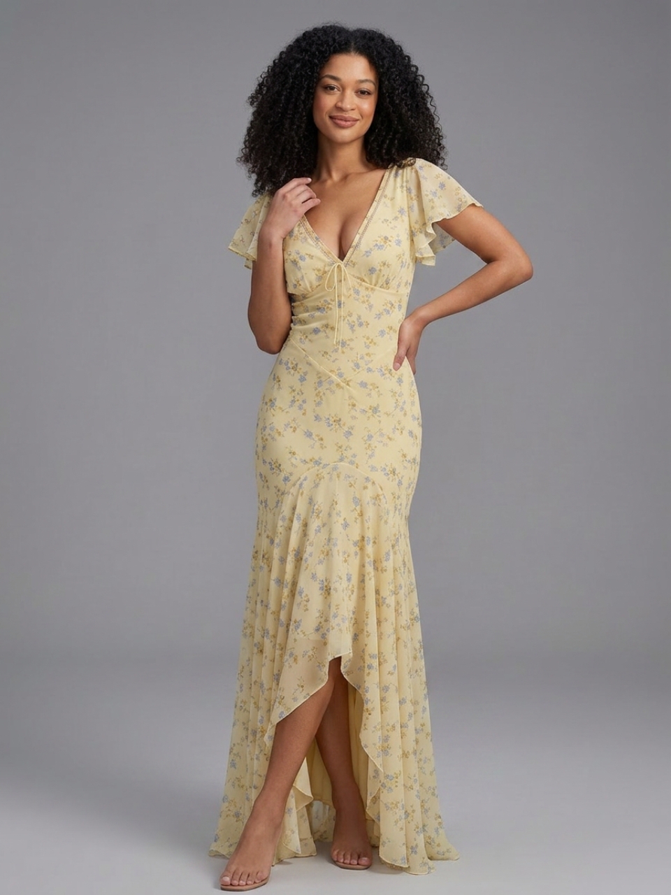Photo studio d'une femme portant une robe jaune élégante à col V et motif fleuri, sur fond gris