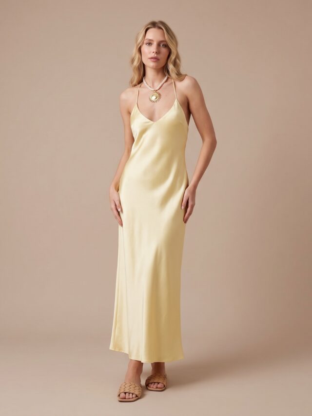 Photo studio d'une femme portant une robe en satin jaune à col V, sur fond beige