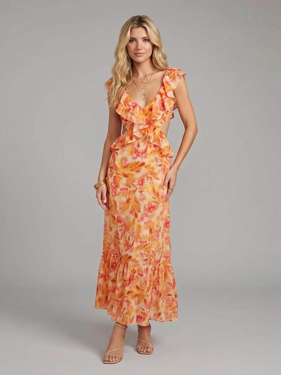 Photo studio d'une femme portant une robe longue en mousseline orange à col V
