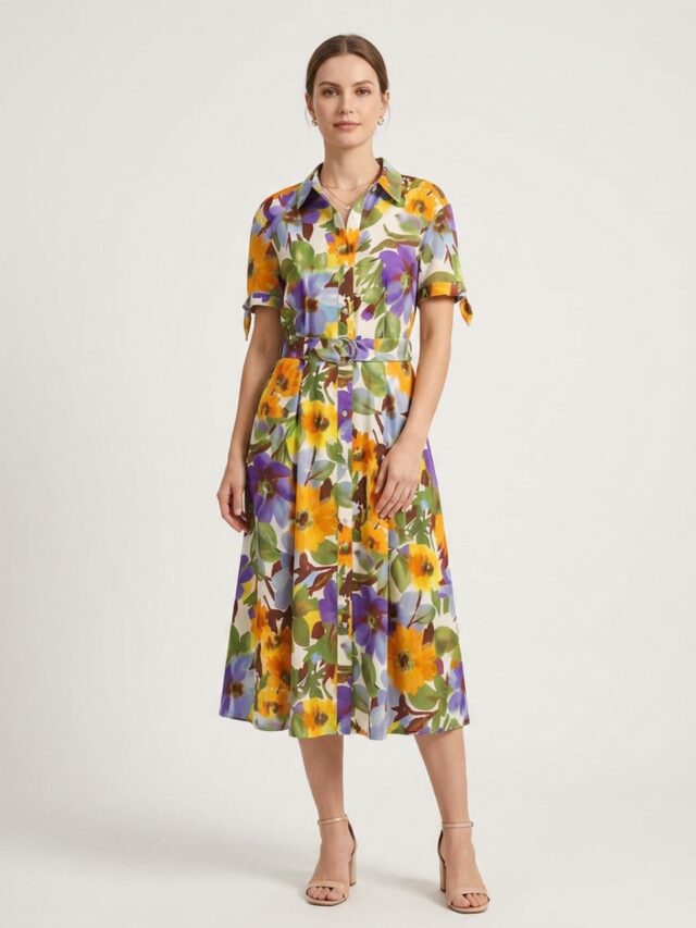 Femme portant une robe longue en tissu popeline à imprimé fleuri, sur fond studio