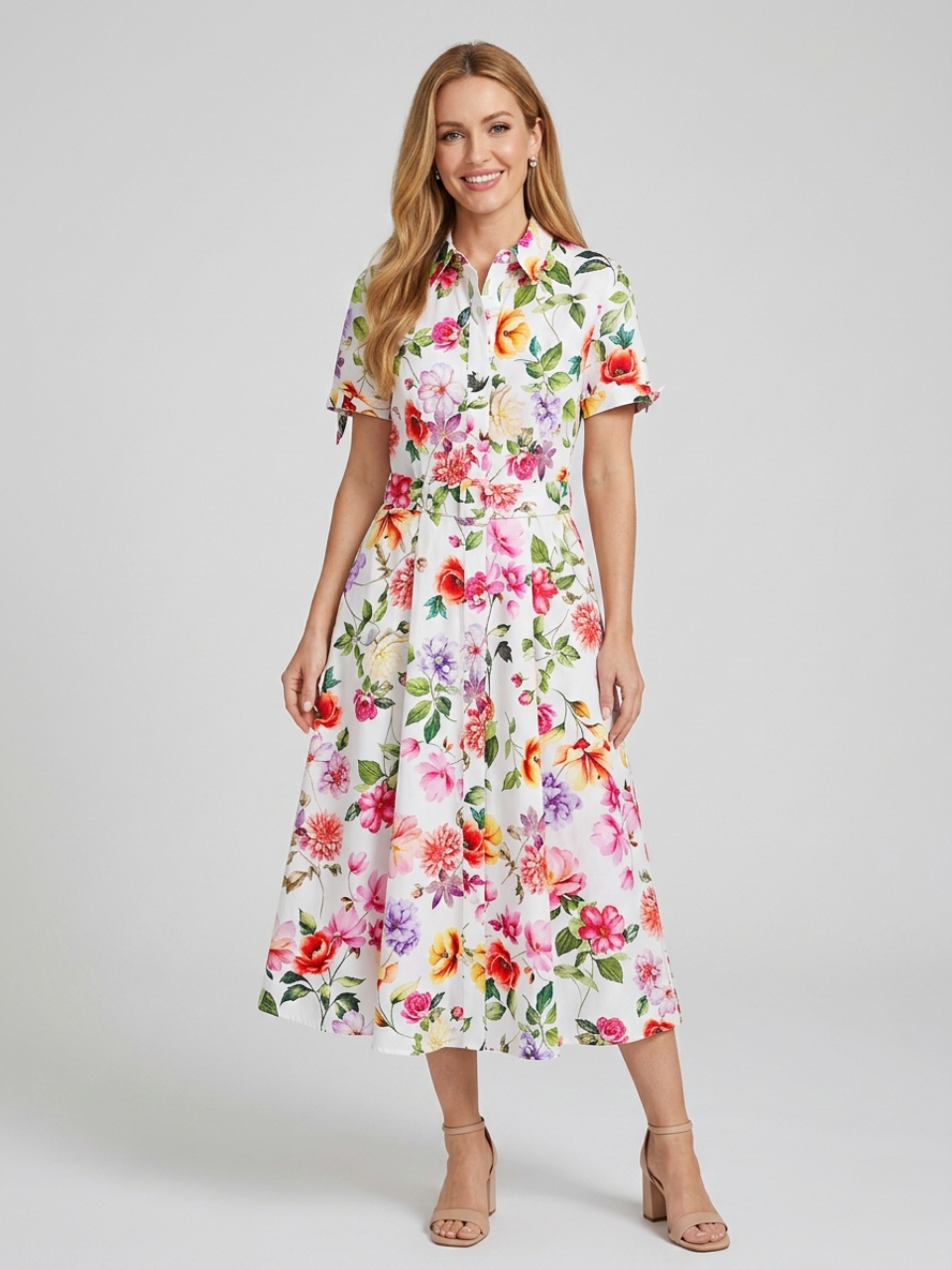 Photo studio d'une femme portant une robe longue en popeline à motif fleuri