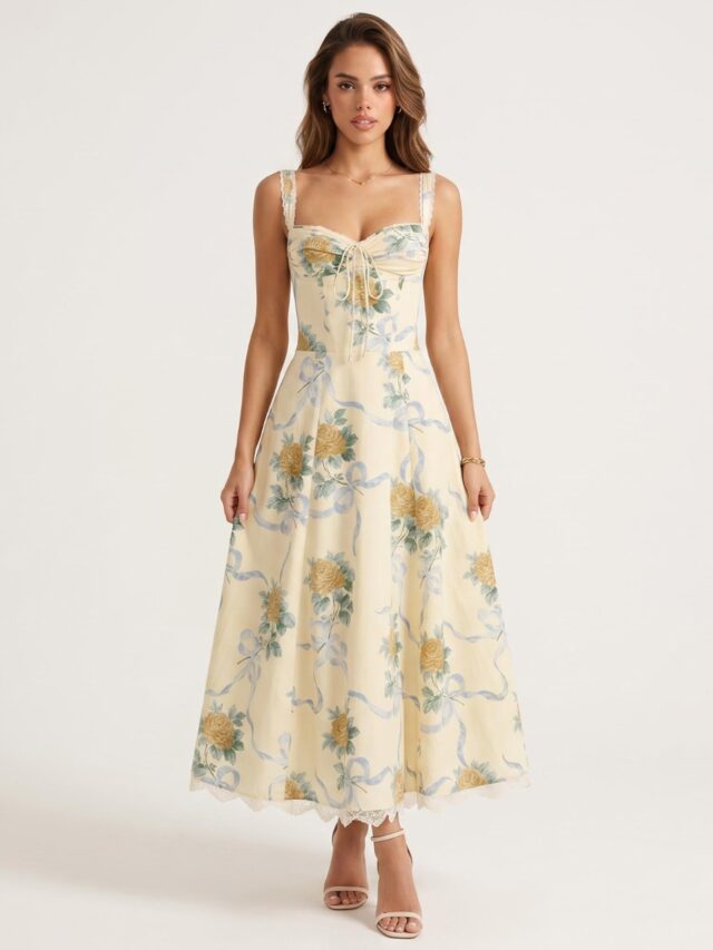 Photo studio d'une femme portant une robe en popeline jaune à motif fleuri romantique